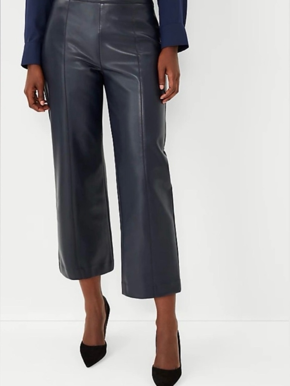 Ann Taylor Black Faux Leather Wide-Leg Cropped Pants Business Chic Whimsigoth